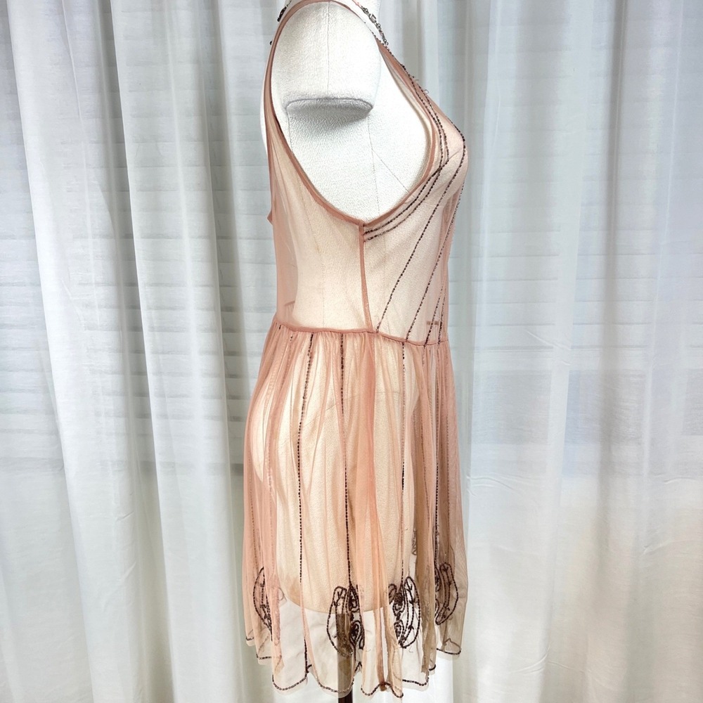 Free People Sheer Pink Beaded Mesh Dress Art Deco Womens Size M Flapper Boho - Picture 6 of 8